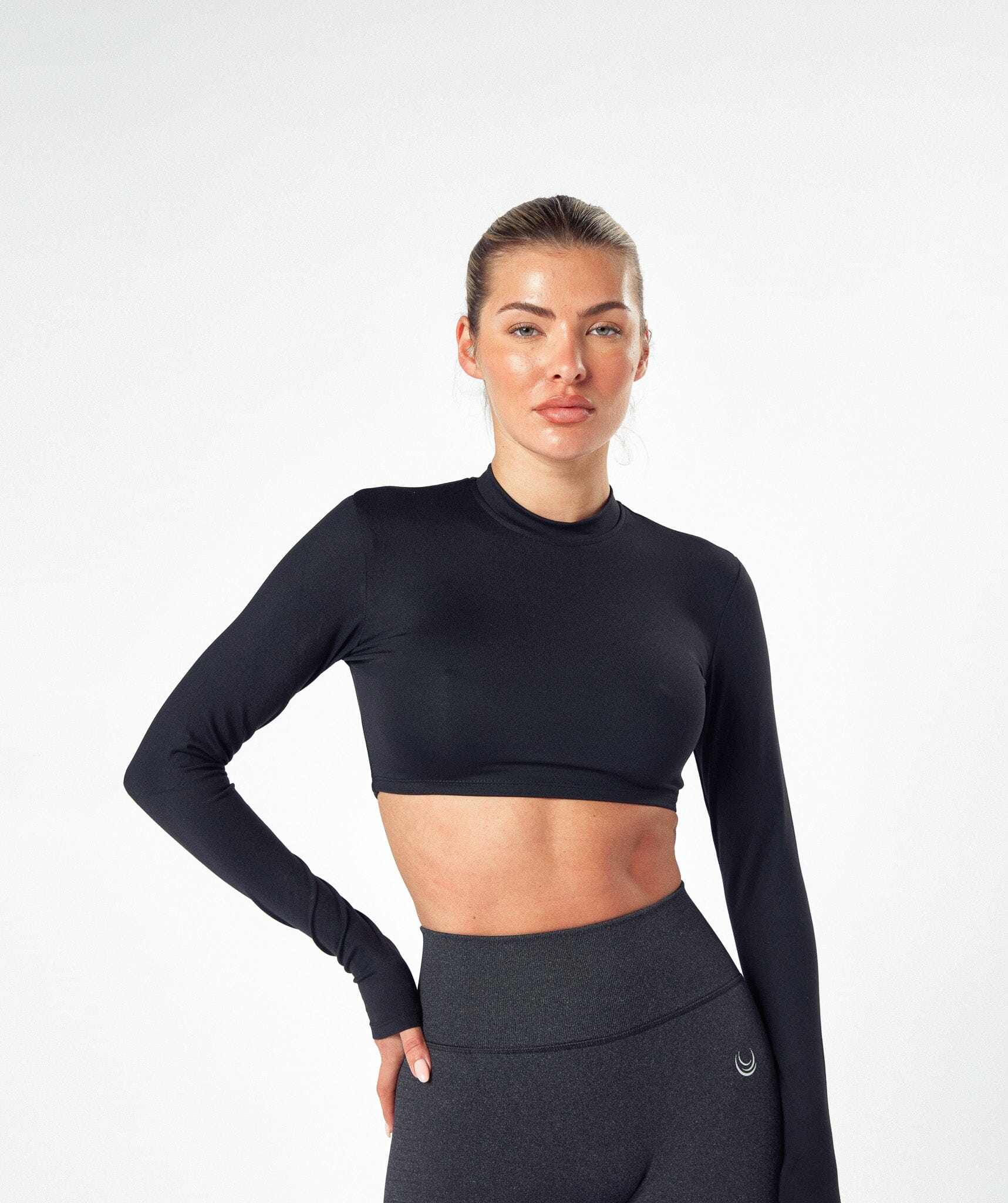 High Neck Open Back Long Sleeve Top Black 