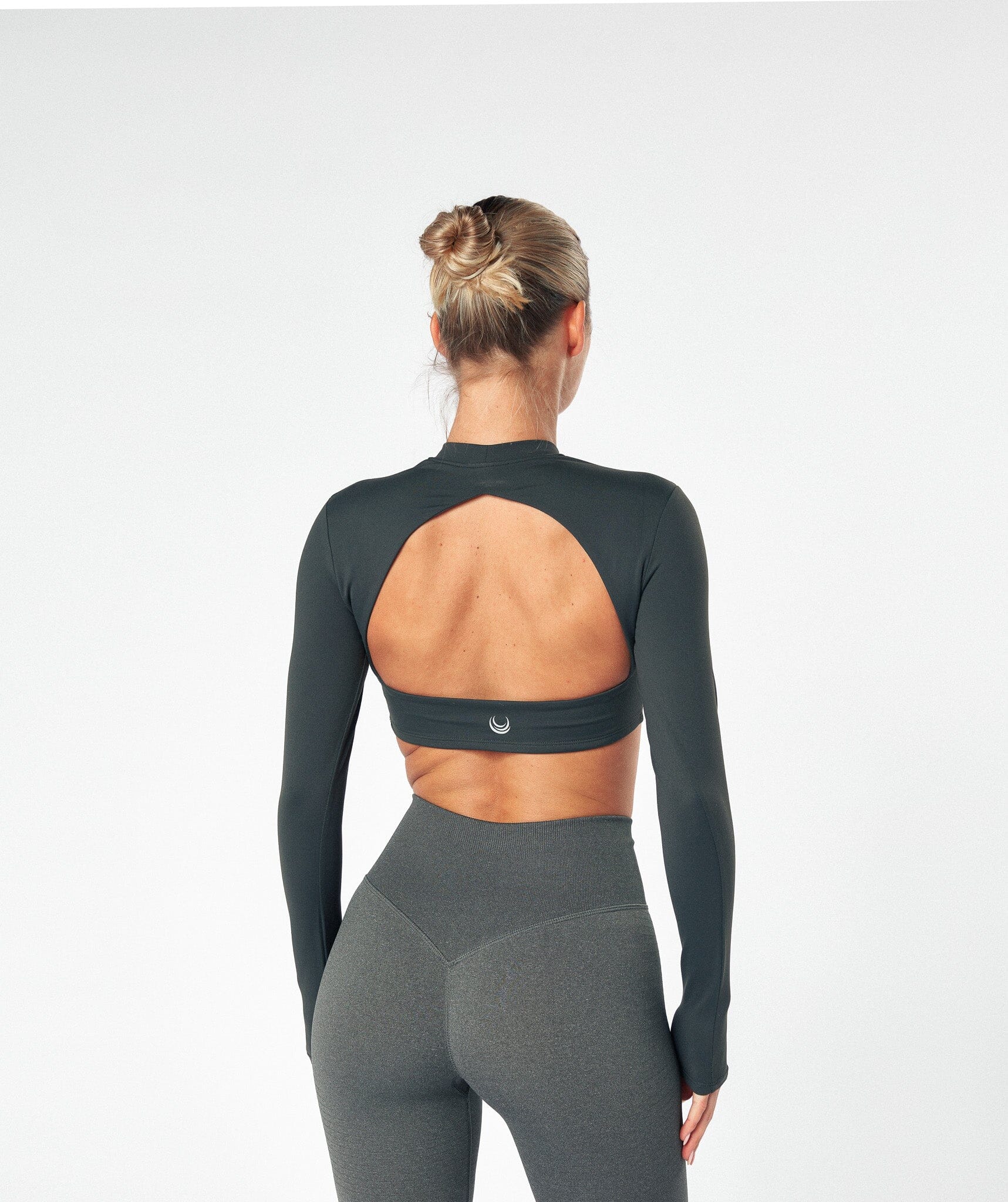 High Neck Open Back Long Sleeve Top Graphite Grey 